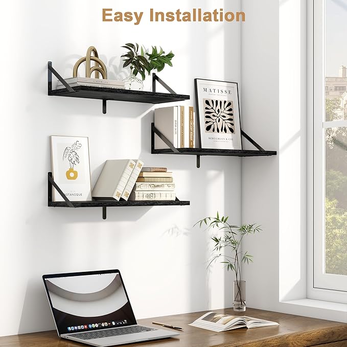 Fun Memories Floating Bookshelves, Set of 3 Wall-Mounted Wood Shelves 24" W x 8" D, Decorative Wall Shelf for Living Room, Bedroom, Bathroom, and Laundry Room (Black)