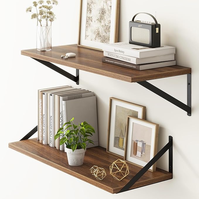 Fun Memories 27.5" W x10 D Floating Shelves, Large Wall Shelves 27.5 Inch Long, Set of 2, Farmhouse Wood Floating Shelf Wall Mounted, Deep Shelves for Bathroom, Living Room, Kitchen, Walnut Color