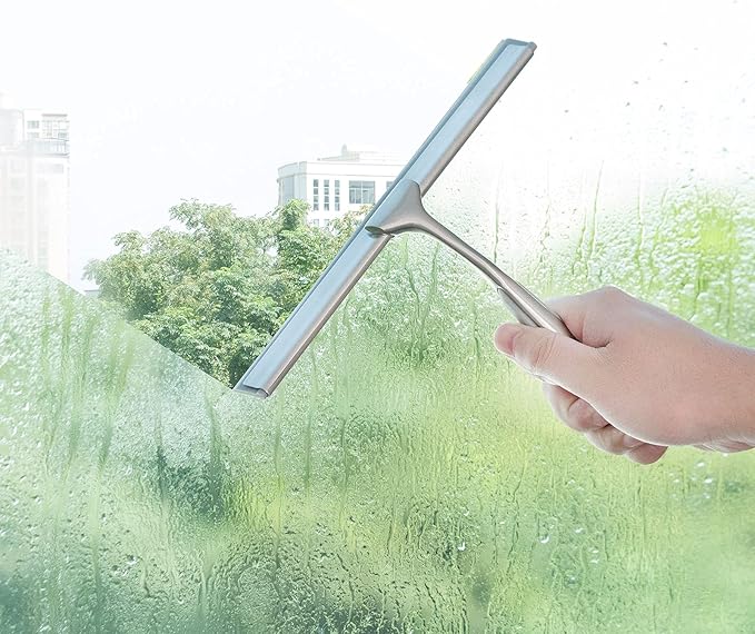 Shower Squeegee for Shower Doors 10 Inch Bathroom Squeegee for Windows,Kitchen,Mirror and Car Glass, Stainless Steel with Adhesive Hook