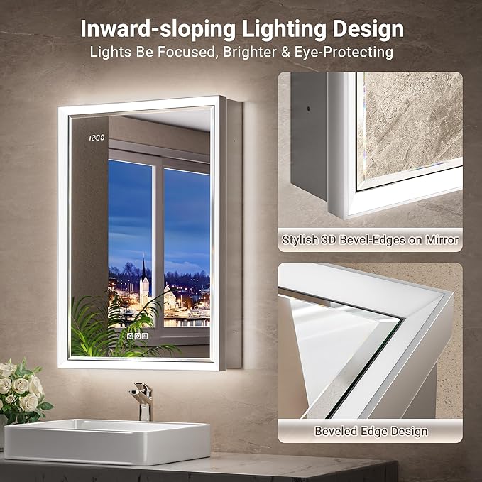 36x30 Beveled Lighted Medicine Cabinet with Mirror & Lights, Surface or Recessed Mirrored Medicine Cabinet with Outlet & Clock, Anti-Fog Dimmable LED Storage Cabinet, Built-in Sensor Light