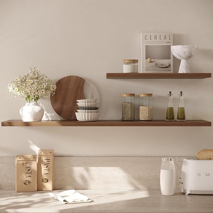 Wall Shelf Set of 3, Walnut Floating Shelves 24 in W x 10 in D x 1 in H, Wooden Floating Wall Shelf with Invisible Brackets for Living Room/Bedroom/Bathroom/Kitchen Storage and Decor