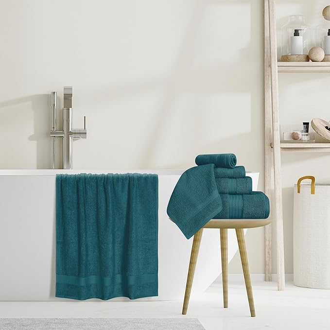 GLAMBURG Ultra Soft 8-Piece Towel Set - 100% Pure Ringspun Cotton, Contains 2 Oversized Bath Towels 27x54, 2 Hand Towels 16x28, 4 Wash Cloths 13x13 - Ideal for Everyday use, Hotel & Spa - Teal