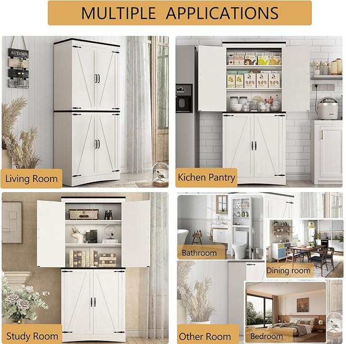 71" Tall Kitchen Pantry,Farmhouse Storage Cabinet with Adjustable Shelves,Load-Bearing Steel Pipe,Farmhouse Pantry Cabinet with 4 Barn Doors,for Kitchen,Dining Room,Living Room(Rustic White)