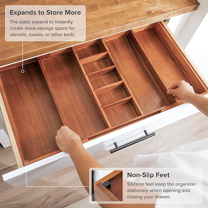 KitchenEdge Adjustable Kitchen Drawer Organizer for Utensils and Junk, Food-Safe Contract Grade with 100% Sustainable Wood, Non-Slip, Expandable from 18.5 to 33 Inches Wide - Natural Acacia