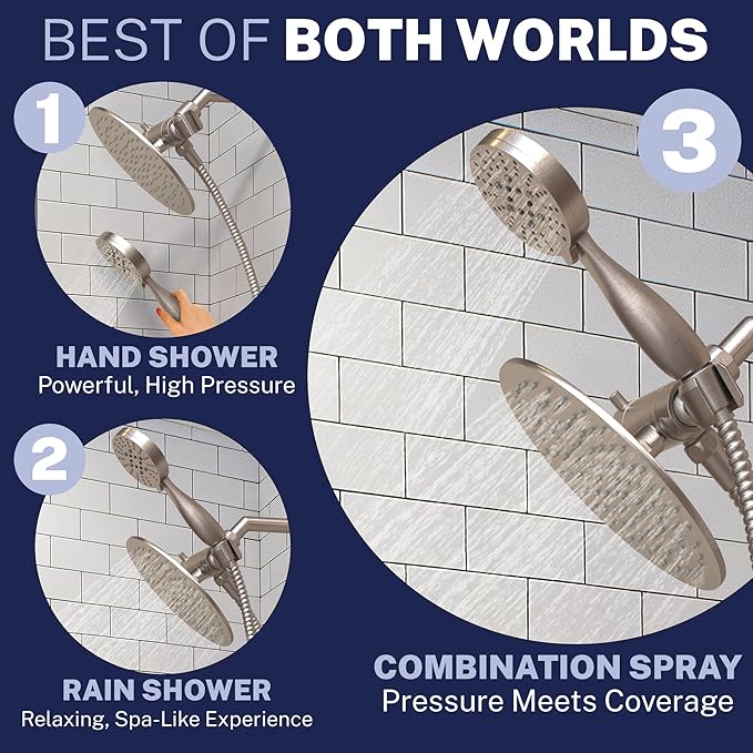 HammerHead Showers Dual Shower Head Combo, 8-Inch Rainfall & 3-Flow Handheld, Brushed Nickel, 2.5 GPM
