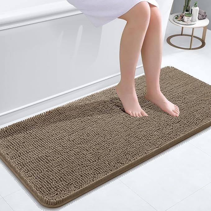 OLANLY Bathroom Rugs 47x20, Extra Soft Absorbent Chenille Bath Rugs, Rubber Backing Quick Dry, Machine Washable Bath Mats for Bathroom Floor, Tub and Shower, Home Decor Accessories, Tan