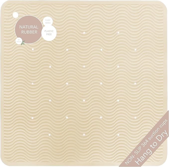HEVEA Natural Rubber Wave Bath Mat – Square 21x21 in | Non-Slip Shower & Bathtub Mat with 364 Suction Cups, Plastic-Free & Biodegradable (Sand)