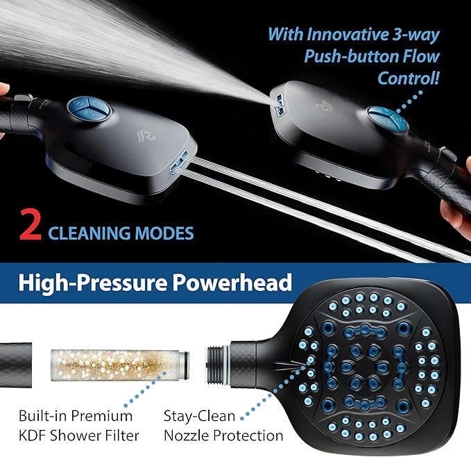 AquaCare 4X High Pressure 10 Spray Mode Filtered Showerhead - Handheld Shower Head Filters Chlorine to Heal Dry Skin, Revive Hair - Dual Power Wash Cleans Tub, Tile, Pets - Hard Water Softener, Black