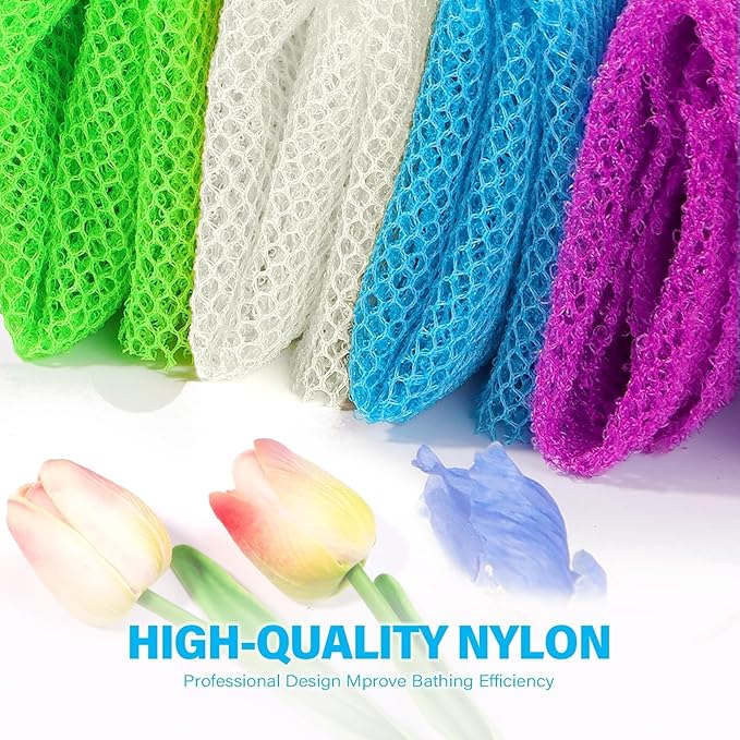 UJFQBH 4 Pieces African exfoliating net African Net Long Net Bath Sponge Exfoliating Shower Body Scrubber Back Scrubber Skin Smoother,Great for Daily Use (Purple, Blue, Green, White)