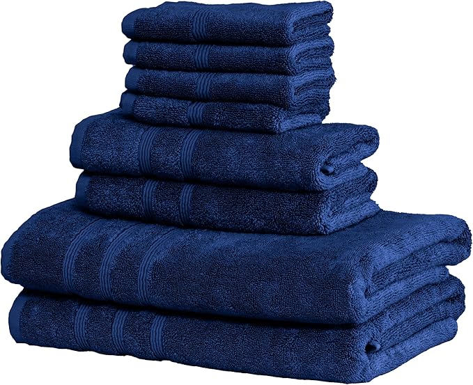 Mosobam Luxury Turkish 8pc Towel Set 30X58 16X30 13X13 Navy Blue 700 GSM Bamboo Viscose & Aegean Turkish Combed Cotton