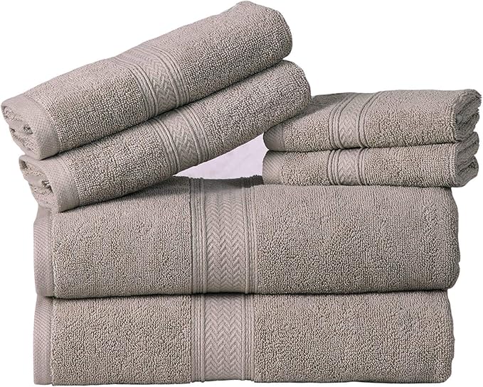Hillfair Premium 600 GSM Cotton Bath Towel Set - 6 Piece, Machine Washable, Super Soft & Absorbent: 2 Bath, 2 Hand, 2 Washcloth - Stone Color