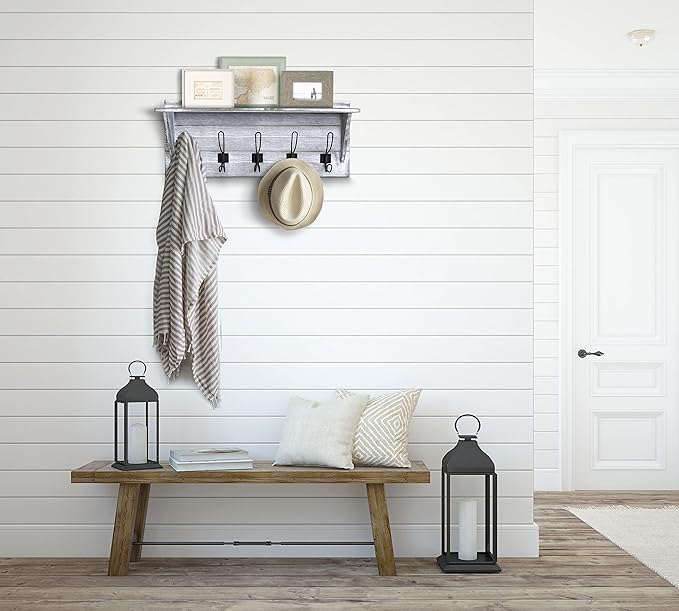 HBCY Creations Rustic Wall Mounted Coat Rack with Shelf - Solid Wood 24" Entryway Shelf with 5 Coat Hangers. Perfect Touch for Your Entryway, Mudroom, Kitchen, Bathroom and More, Whitewash