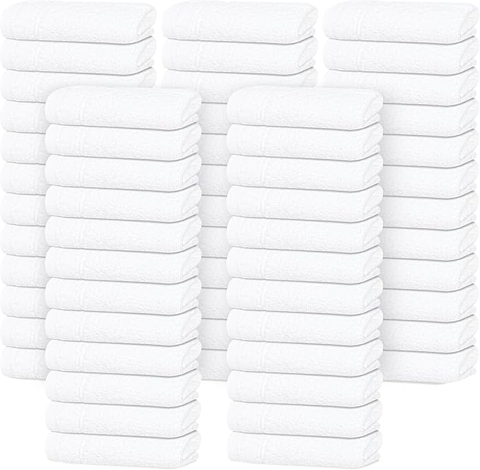 Tens Towels Pack of 60 Washcloths, 12 x 12 Inches, Lighter Weight, Quick to Dry, Super Soft & Absorbent, Gentle Face Towels, Hotel Quality, Perfect for Bathroom, Gym, Spa (White, 60 Pack)