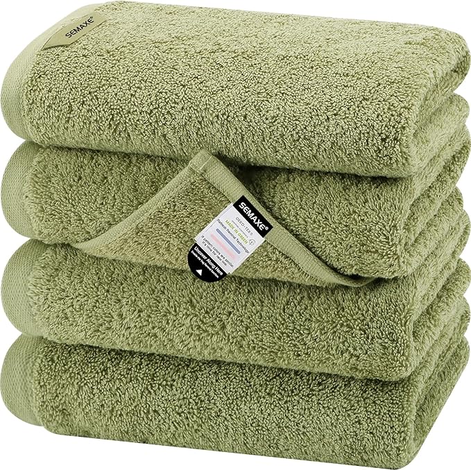 SEMAXE Sage Green Hand Towels for Bathroom, 100% Cotton Towels with Hanging Loops, Soft and Highly Absorbent, 4 Pack Hand Towel Set for Gym, Shower, Hotel, Spa and Kitchen