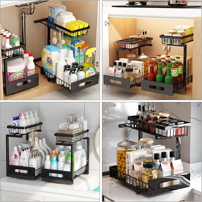 ADBIU Under Sink Organizer(10 Seconds Installation), 2 Packs 2 Tier Expandable Height (11" - 16") Under-Sink Organizers Slide out Pull out Bathroom Kitchen Organizers And Storage
