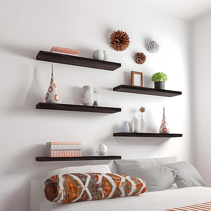 24 Inch Floating Shelves for Wall Rustic Brown Wood Wall Shelves for Bedroom Set of 4