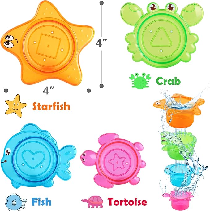 iPlay, iLearn Baby Bath Toys w/ Organizer, Water Squirting Octopus, Wind Up Swimming Turtle, Bathtub & Shower, Stacking Cups, Gift for 6, 9, 12, 18 Months 1, 2, 3 Years, Toddlers, Girls, Boys & Kids