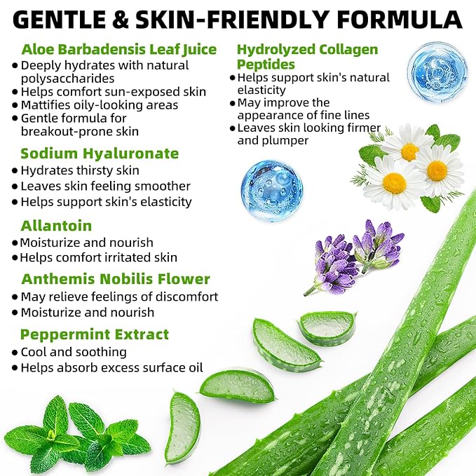 Pure & Organic Aloe Vera Gel for Sunburn Relief, After Sun Lotion for Face & Body Skin Care, Daily Facial Moisturizer & Acne Spot Treatment 7 OZ