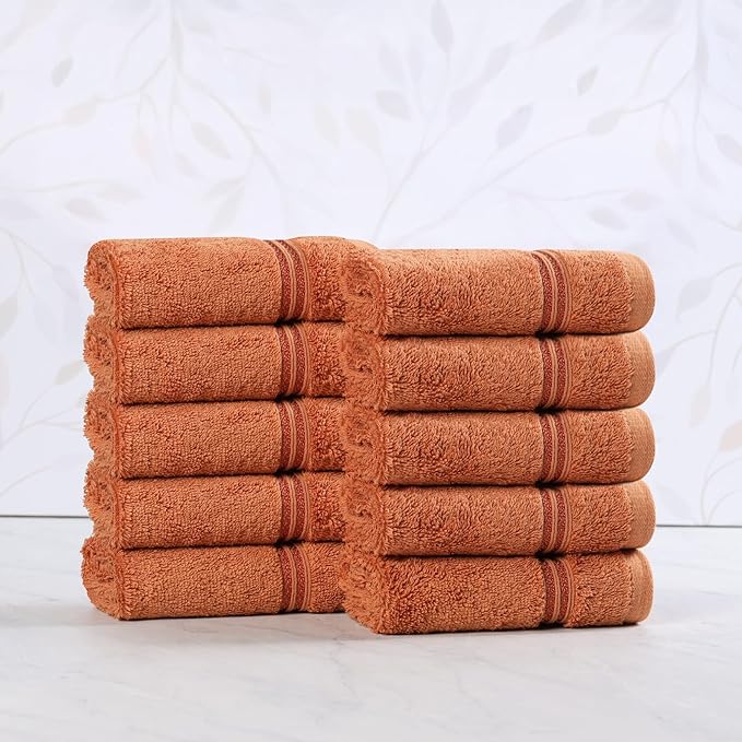 Superior Egyptian Cotton Face Towel/Washcloth Set, Small Towels for Home Bathroom, Master Bath, Decor Essentials, Quick Dry, Absorbent, Spa, Hotel, Resort, Adult, Kids, Set of 10, Caramel Brown