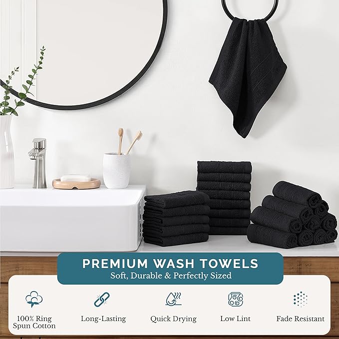 Casa Platino 100% Cotton Washcloths 24 Pack - Spa & Salon Quality Face Cloths - Ring Spun, Soft & Absorbent Wash Cloths for Body, Beauty, Home, Gym - Fingertip Towels Set- 13"x13", Black Towels Set