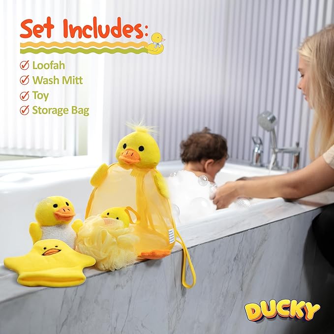 Ducky Scrub 'N Soak Baby Loofah for Bathing Set for Kids Body Scrubber Cute Cartoon Kids Loofah Bath Scrubber for Children Shower Washing Exfoliating, Baby Bath Sponge Yellow Duck Included