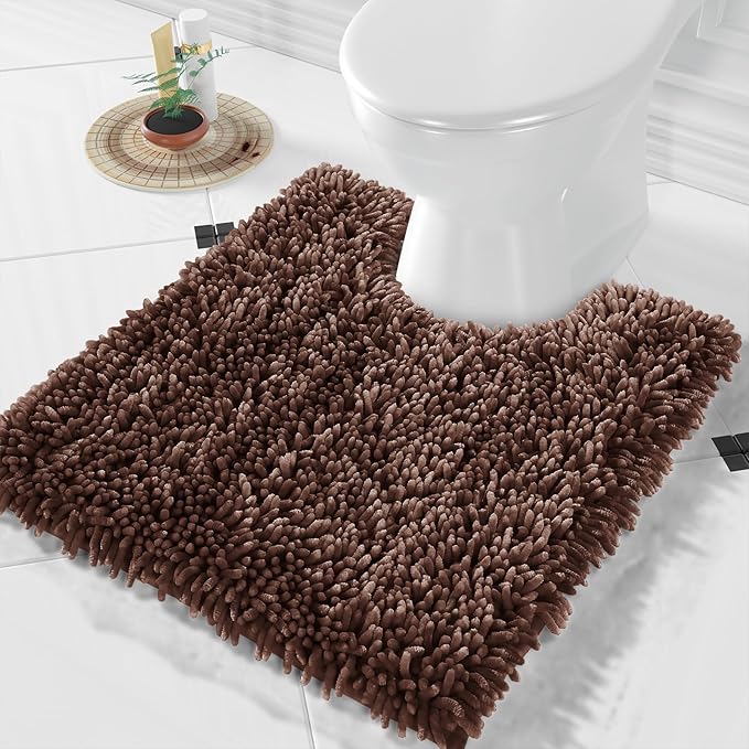 Yimobra Toilet Rugs U Shaped Washable, Extra Thick Soft Absorbent Chenille Contour Bathroom Rugs for Toilet 24x20 Inch, Quick Dry Non Slip Toilet Mat for Bath Floor, Brown