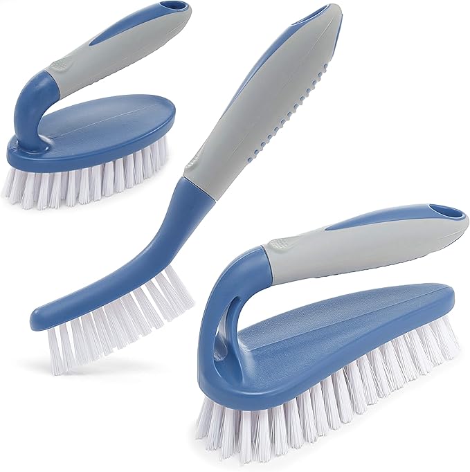 Scrub Brush Set of 3pcs - Cleaning Shower Scrubber with Ergonomic Handle and Durable Bristles - Grout Cleaner Brush - Scrub Brushes for Cleaning Bathroom/Shower/Tile/Kitchen/Floor/Bathtub/Carpet, Blue