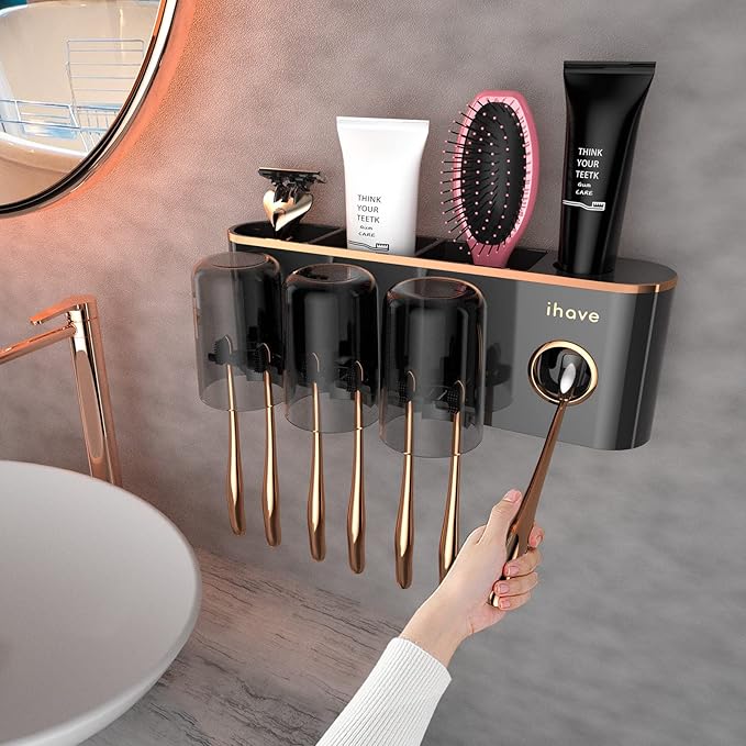 iHave Toothbrush Holders Bathroom Accessories with Toothpaste Dispenser, 3 Cups Toothbrush Holder Wall Mounted Bathroom Decor
