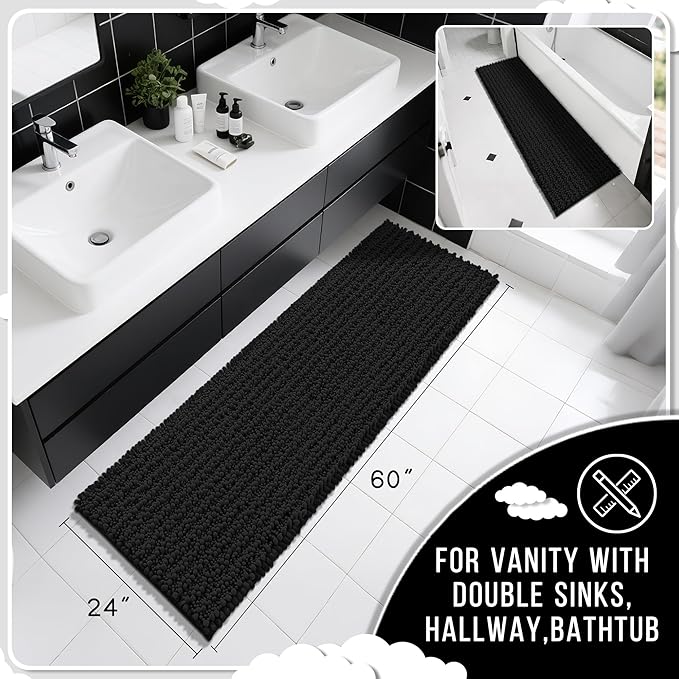 Yimobra Bathroom Runner Rug 60x24 Inch - Extra Long Non Slip Chenille Bath Mat, Soft & Absorbent, Machine Washable Shaggy Hallway Carpet for Vanity Tub Shower, Black Home Decor Accessories