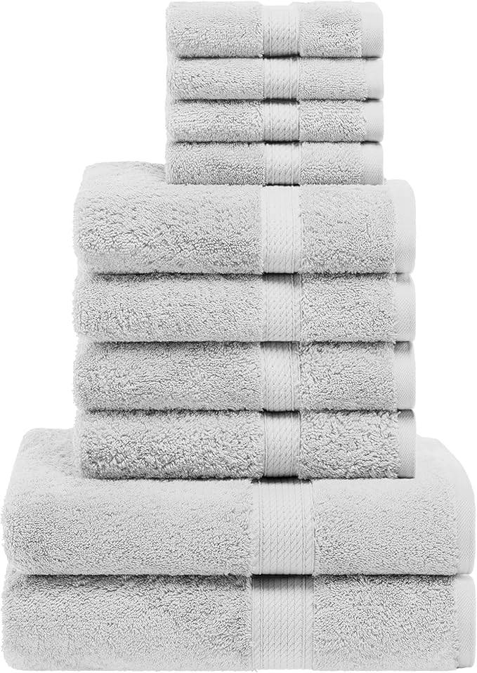 Superior Egyptian Cotton Pile 10 Piece Towel Set, Includes 2 Bath, 4 Hand, 4 Face Towels/Washcloths, Ultra Soft Luxury Towels, Thick Plush Essentials, Guest Bath, Spa, Hotel Bathroom, Silver