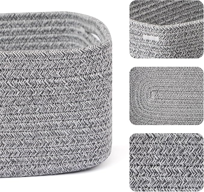 Small Storage Baskets for Organizing | Closet Organizer Bins | Shelf Toy Basket | Woven Rope Baskets | Cube Decorative Box | Shallow Basket | 13x8.5x5.1” | 3 Packs Mixed Grey