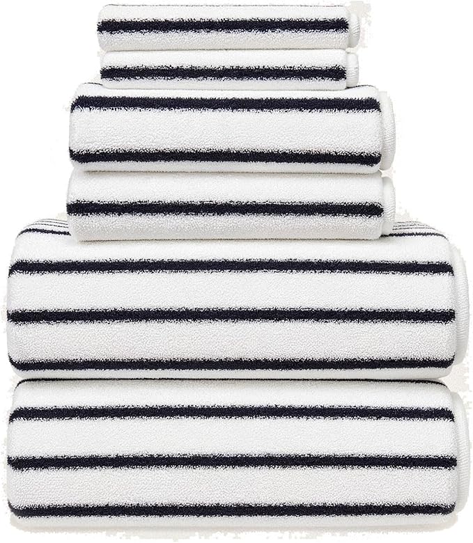 Italic Ultraplush 100% Australian Cotton Standard 6-Piece Set, 2 Bath, 2 Hand, 2 Washcloths, 800GSM Highly Absorbent & Quick-Dry, Resort Grade, Striped (White & Blue)