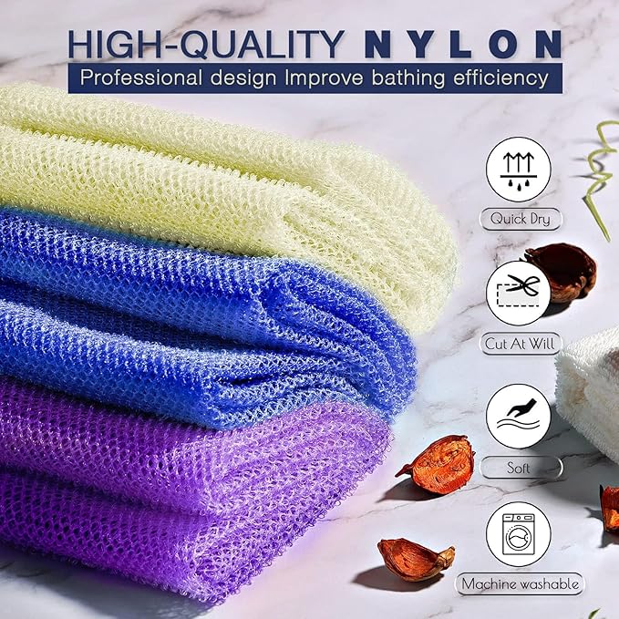 UJFQBH 3 Pieces African Bath Sponge African Net Long Net Bath Sponge Exfoliating Shower Body Scrubber Back Scrubber Skin Smoother,Great for Daily Use (Purple,Blue,Off-White)