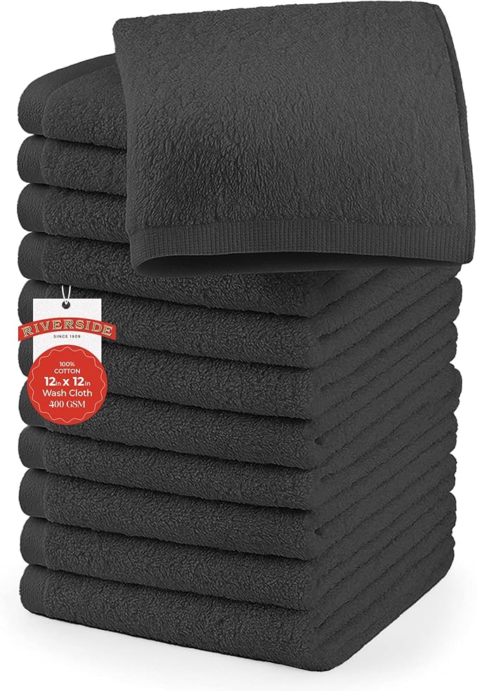 RIVERSIDE 12 Pack Washcloths - 12x12 Inches, 400 GSM, 100% Ring-Spun Cotton - Soft, Absorbent & Durable Face and Body Towels - for Bathroom, Spa, Gym, Makeup Removal & Everyday Use - Charcoal