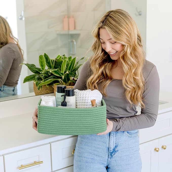 NaturalCozy 13.5”x8.5”x5.5” Rectangle Storage Baskets for Shelves 3 Pack | Cotton Rope Woven Small Baskets for Organizing | Small Storage Bins for Nursery, Bathroom, Closet, Shelf, Decorative