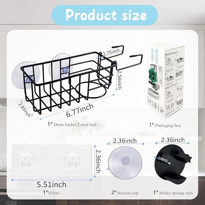 Sponge Holder Smile Face with Dish Cloth Hanger for Kitchen Sink, In-sink Caddy Organizer with Suction Cups & Adhesive Strips, Rustproof Sponge Rack for Soap, Brush, Scrubber - Black