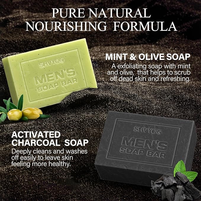 SHVYOG Mens Soap, 4 Pack Mens Bar Soap, Gift for Men Natural Cold Pressed Handmade Exfoliating Soap, Deep Cleansing, Moisturizing Bar Soap, Sandalwood Amber, Mint, Charcoal, Turmeric - 150G*4