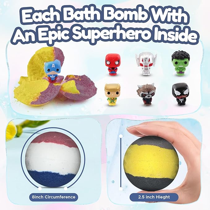 EvolutionUSA Black Epic Superhero Bath Bombs for Kids, 6 Super Hero Bath Bombs with Toy Inside, Lush Childrens Bathbombs, Organic Bathbomb with Surprise Inside, Fizzy Fun Superhero Bath Balls