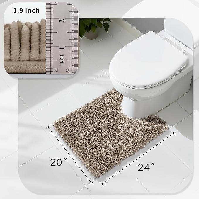 Yimobra Toilet Rugs U Shaped Washable, Extra Thick Soft Absorbent Chenille Contour Bathroom Rugs for Toilet 24x20 Inch, Quick Dry Non Slip Toilet Mat for Bath Floor, Camel