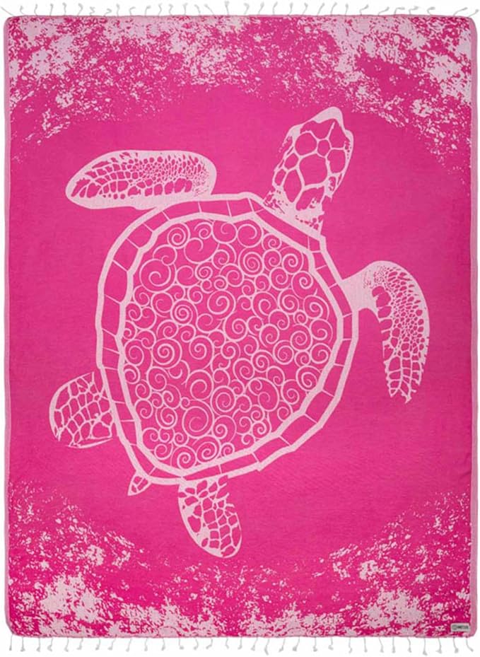 Sand Cloud Turkish Beach Towel - Sand Free - 100% Organic Turkish Cotton Yarn - Quick Dry Towel for Beach, Picnic, Blanket or Bath - As Seen on Shark Tank - Marine Life (Crush Turtle Fucshia)