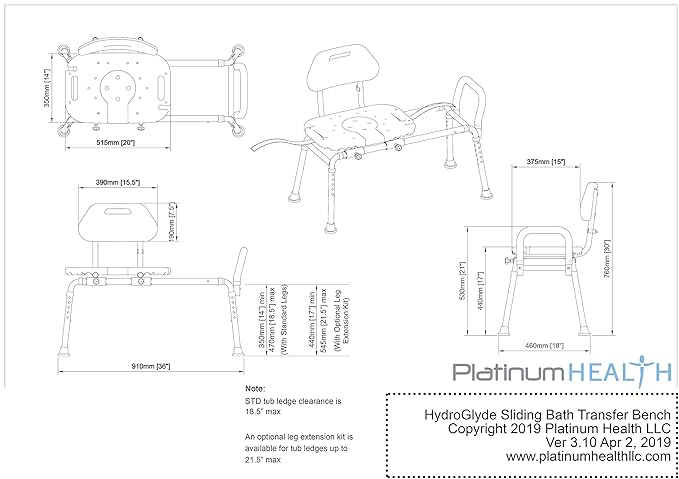 Platinum Health Sliding Shower Chair HydroGlyde Premium Heavy Duty, Padded Bathtub Transfer Bench with Cut Out Seat, for Bath Tub, Adjustable Legs, and Safety Belt, Quick Tool-Less Assembly, Blue