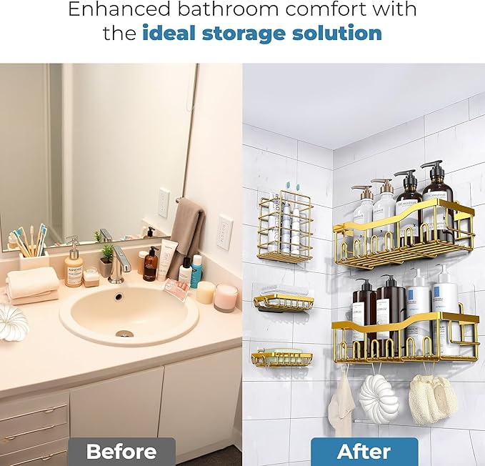 Fab Glass and Mirror 5-Pack Shower Caddy, Gold - Shower Organizer & Shelves for Efficient Storage, Bathroom Caddy for Wall Organizer, Durable Showers Wall Caddy