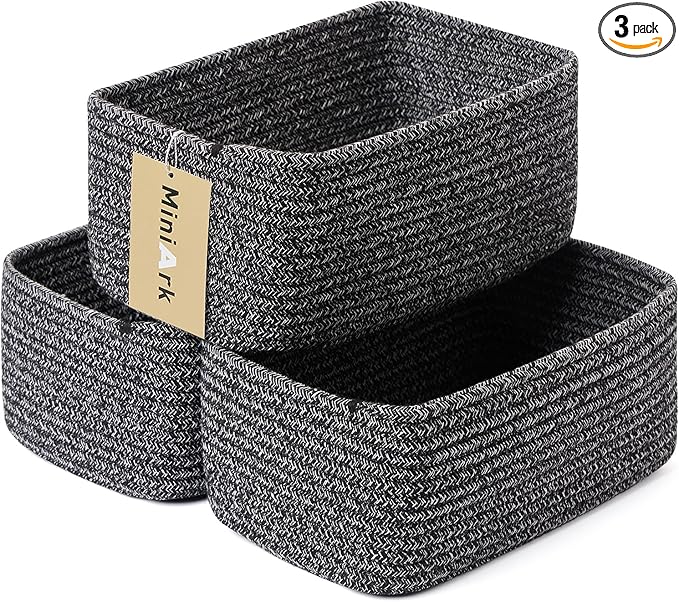 Small Storage Baskets for Organizing | Closet Organizer Bins | Shelf Toy Basket | Woven Rope Baskets | Cube Decorative Box | Shallow Basket | 11.5x7.5x4.7” | 3 Packs Dark Gray