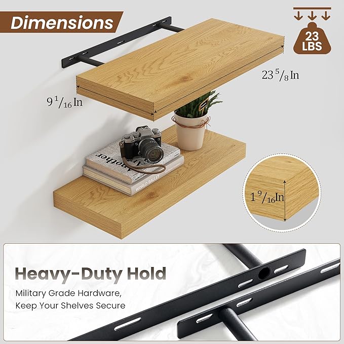 Heimlove 24 inch Floating Shelves for Wall,9.3 inch deep Bathroom Over Toilet Shelf,Wall Mounted Rustic Wood Shelves for,Bedroom,Living Room,Kitchen,Office Decor Set of 2-Oak Color