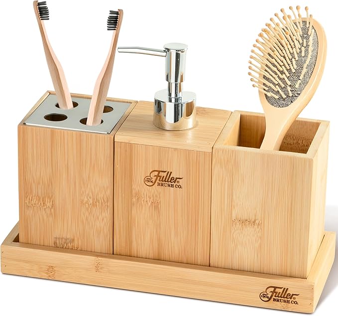 Fuller’s Bamboo Bathroom Counter Set – Eco-Friendly & Water-Resistant Sink Organizer | 4-Piece Vanity Tray, Soap Dispenser, Toothbrush Holder & Storage Container