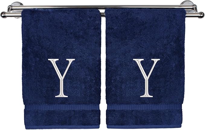 Monogrammed Hand Towel, Personalized Initial Gift, Extra Absorbent 100% Turkish Cotton - Soft Terry Finish - Set of 2 - White Block Initial Y - Embroidered on Navy Blue Towels