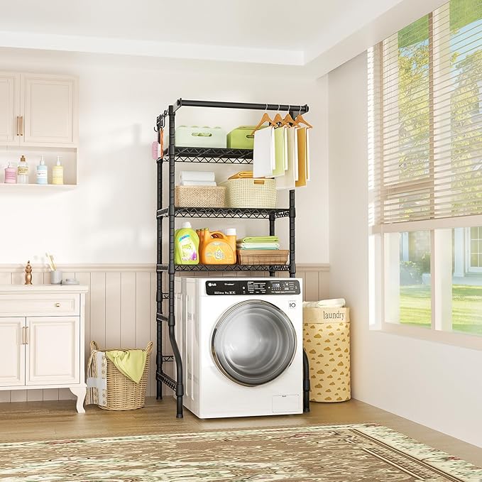 Ulif U11 Medium Over Washer and Dryer Shelves, 3 Tiers Laundry Room Storage and Organizer Standing Shelf, Metal Freestanding Clothes Drying Rack, 31.1”W x 19.7”D x 77.6”H, Black