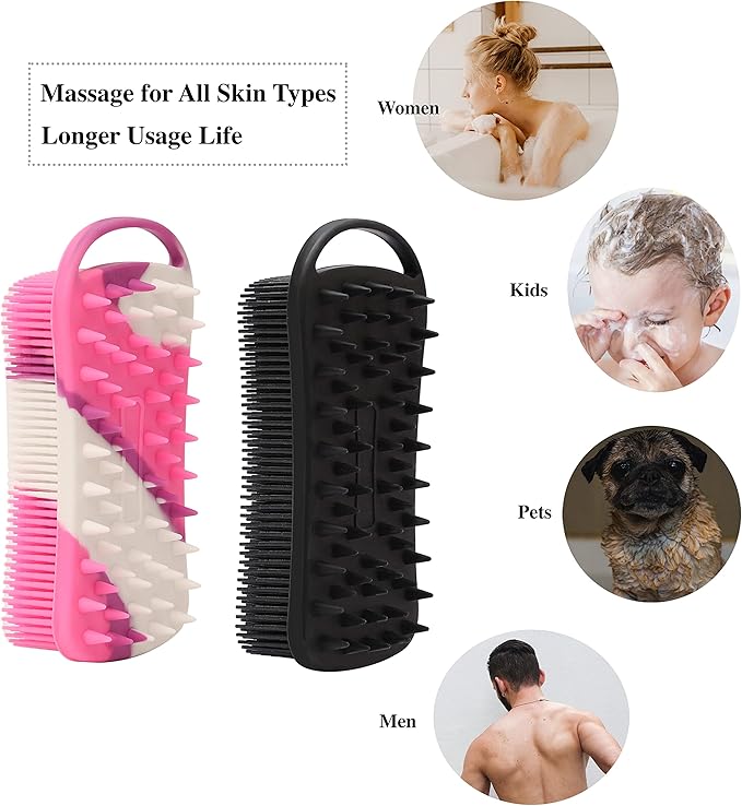 2 PC Silicone Body Scrubber, 2 in 1 Exfoliating Shower Bath Scrubber, Soft Silicone Loofah for Sensitive Skin, Shower Hair Scalp Massager, Easy to Clean, Lather Well (Black&Purple)