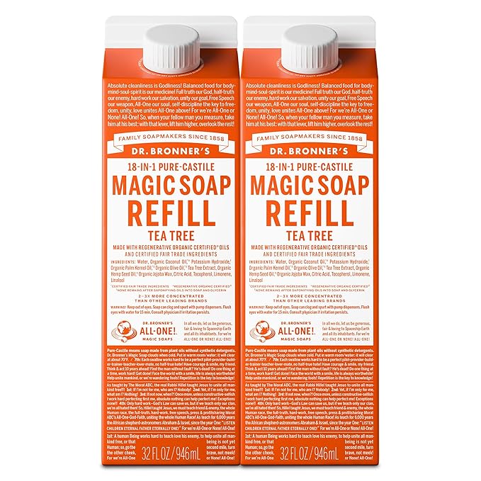 Dr. Bronner's Magic Soap-Pure-Castile Liquid Soap Refill (Tea Tree, 32 ounce, 2-Pack)-Regenerative Organic Certified Oils, For Body, Hair, Laundry, Pets & Dishes, Concentrated, Vegan, Non-GMO