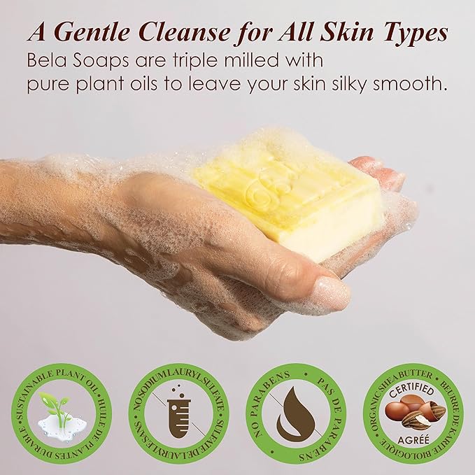 BELA Patchouli Soap 3.3 OZ Pack of 6, French Triple Milled Bar Soap with Organic Shea Butter, Hand, Face and Body Patchouli Bar Soap Made in Australia